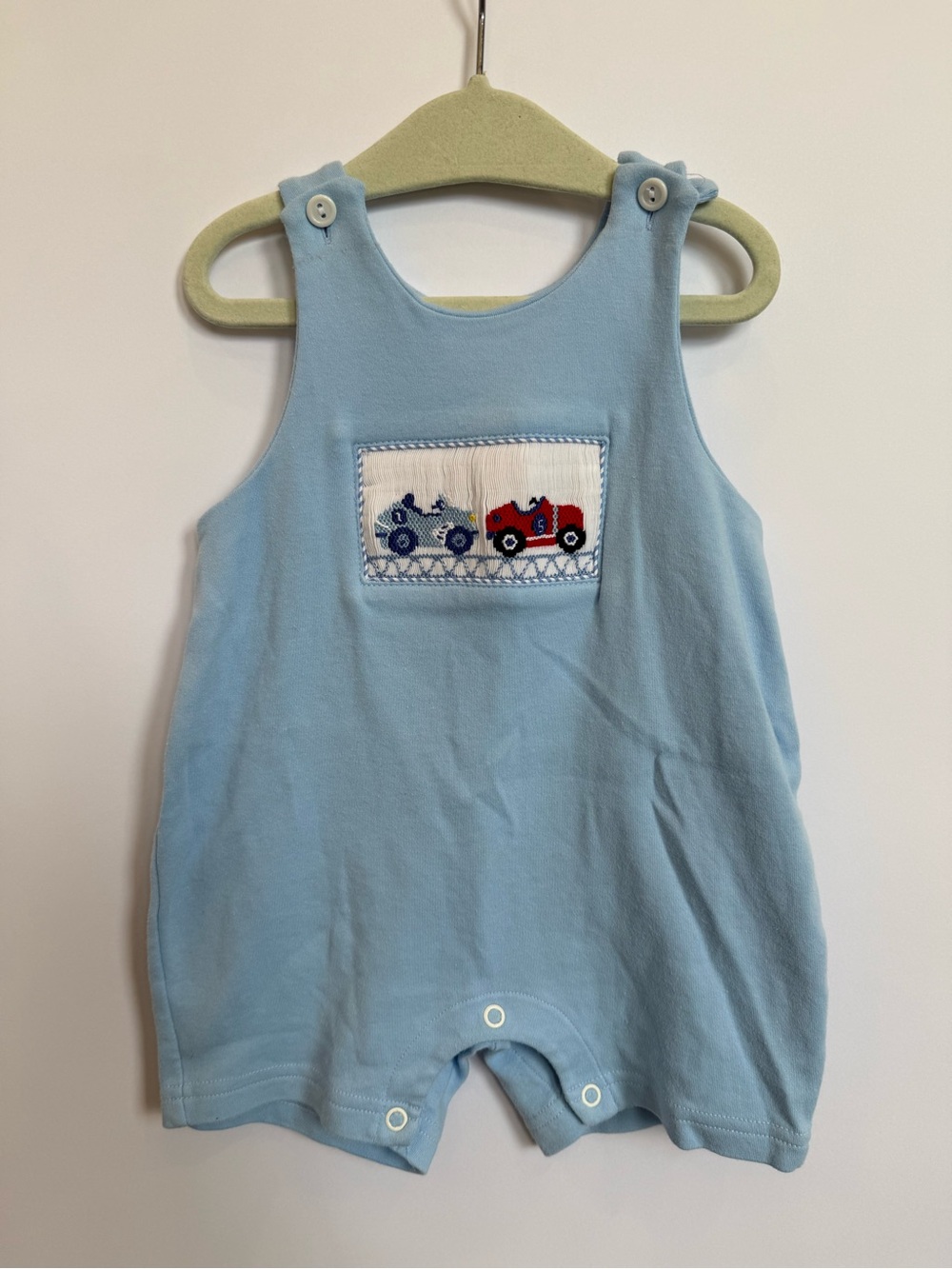 Blue Baby Romper with Car Smock Embroidery
